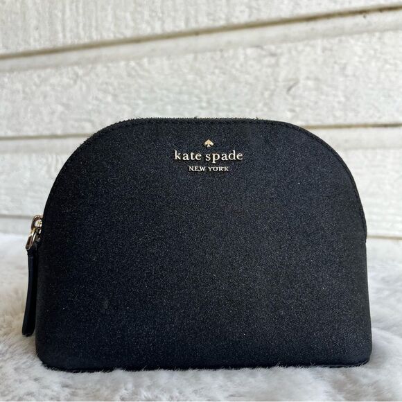 KATE SPADE Black Glitter Schuyler Small Dome Pouch Morgan Cosmetic Bag - Picture 1 of 8